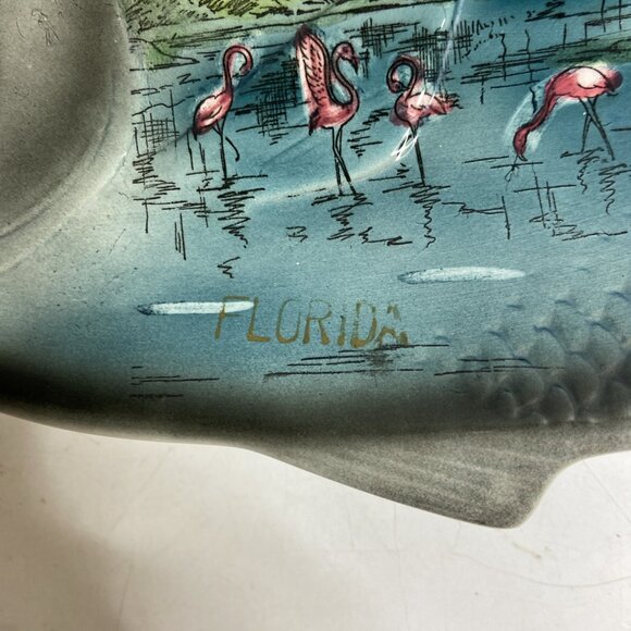 Vntg Kenmar Fish Platter Plate Ceramic Flamingos Palm Trees Tropical Japan 15" - Picture 6 of 8